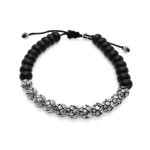 men black beads sterling silver lotus flowers bracelet