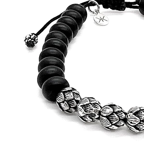 men black beads sterling silver lotus flowers bracelet