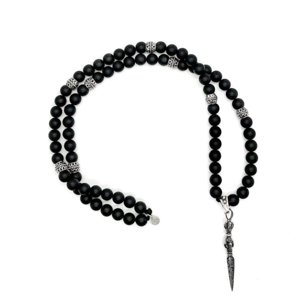 men black beads sterling silver spacers and dagger pendant necklace